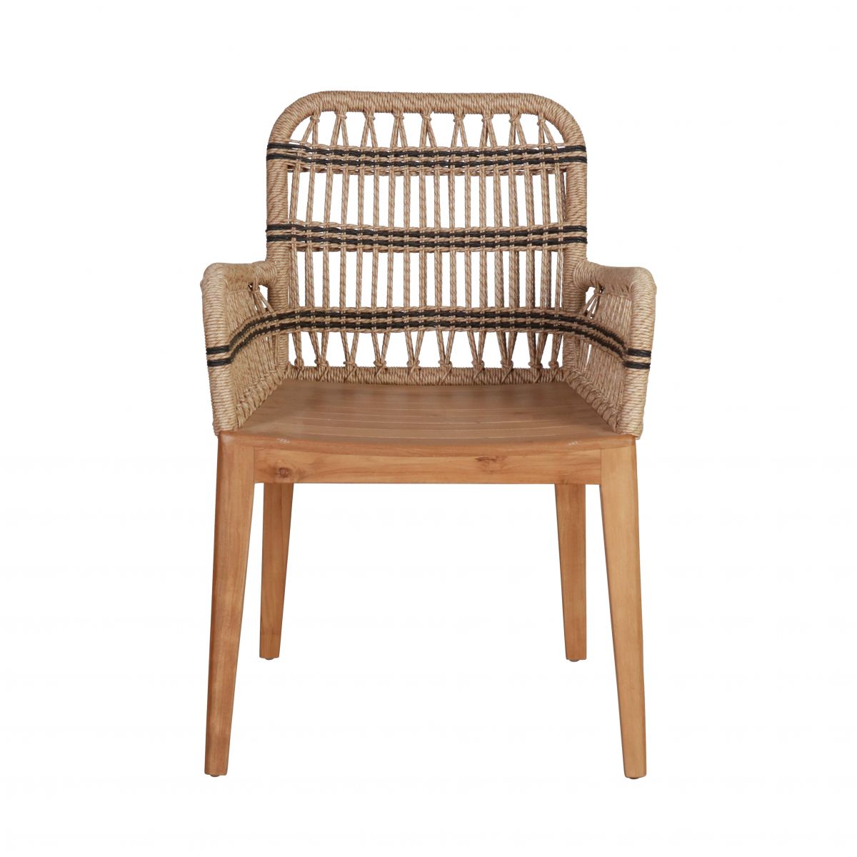 Outdoor dining armchair with teak frame and synthetic rope weave