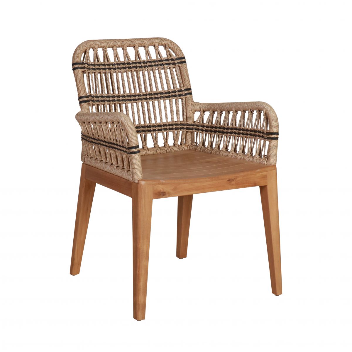 Outdoor dining armchair with teak frame and synthetic rope weave