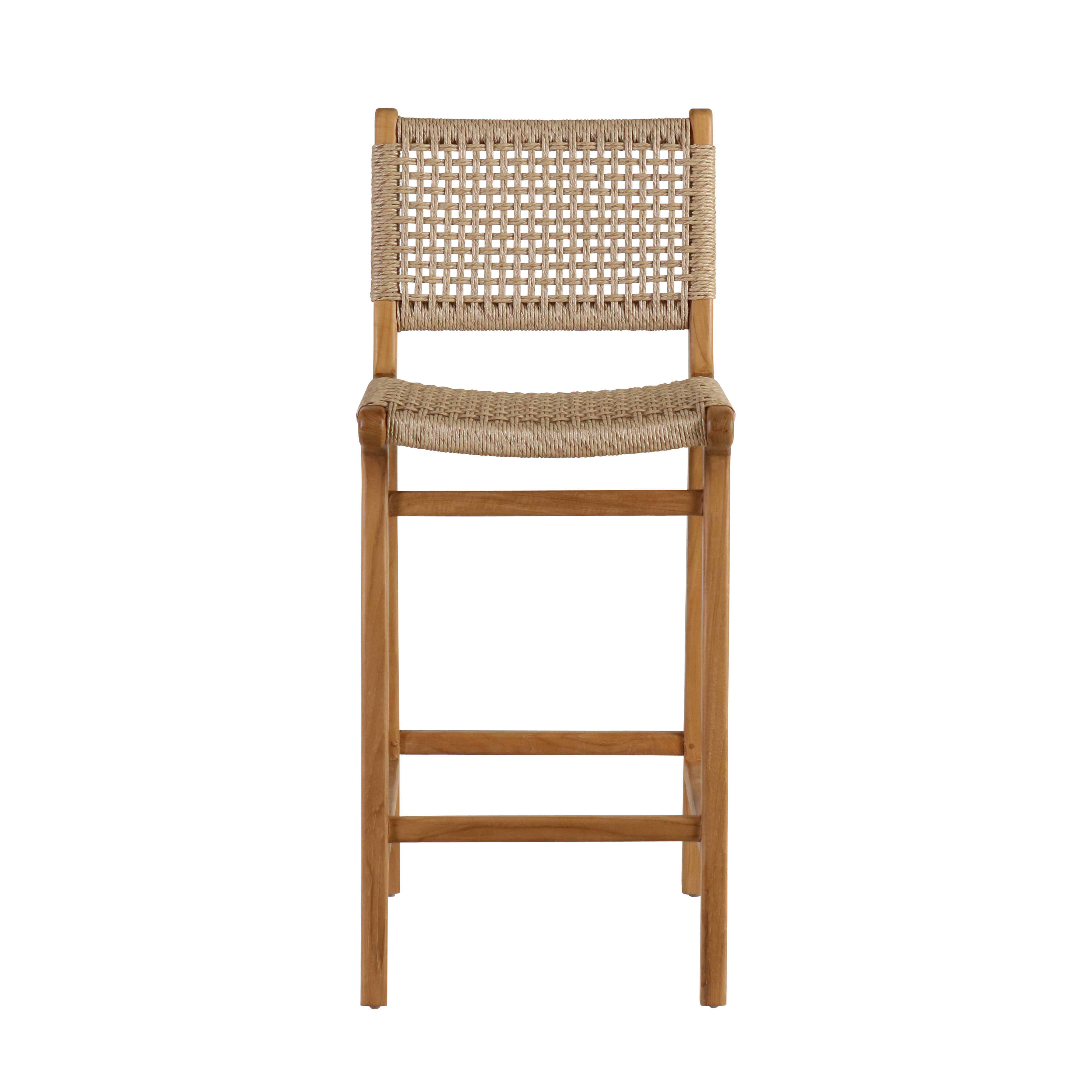 Outdoor barstool with teak frame and synthetic weave