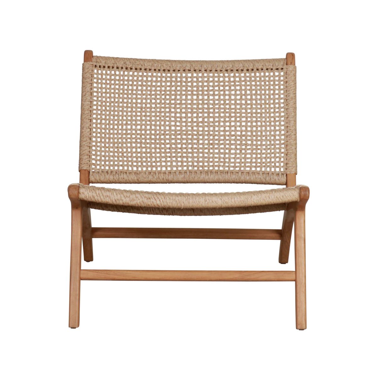 Outdoor lounge chair with teak frame and synthetic rope weave