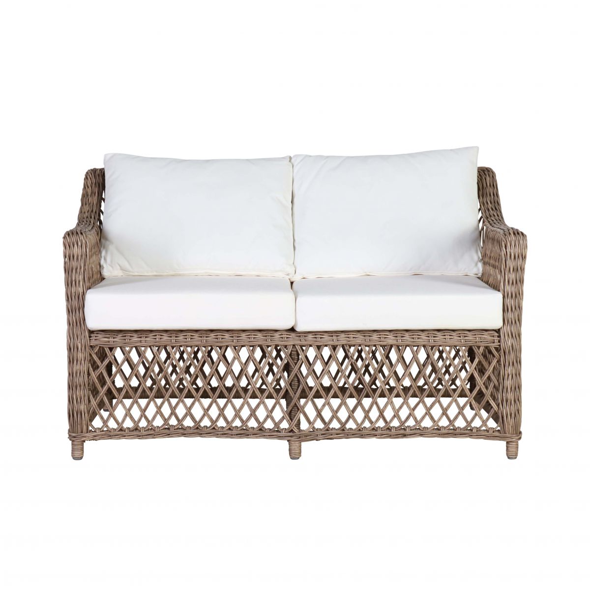 Outdoor 2 seater sofa in synthetic rattan with cushions 