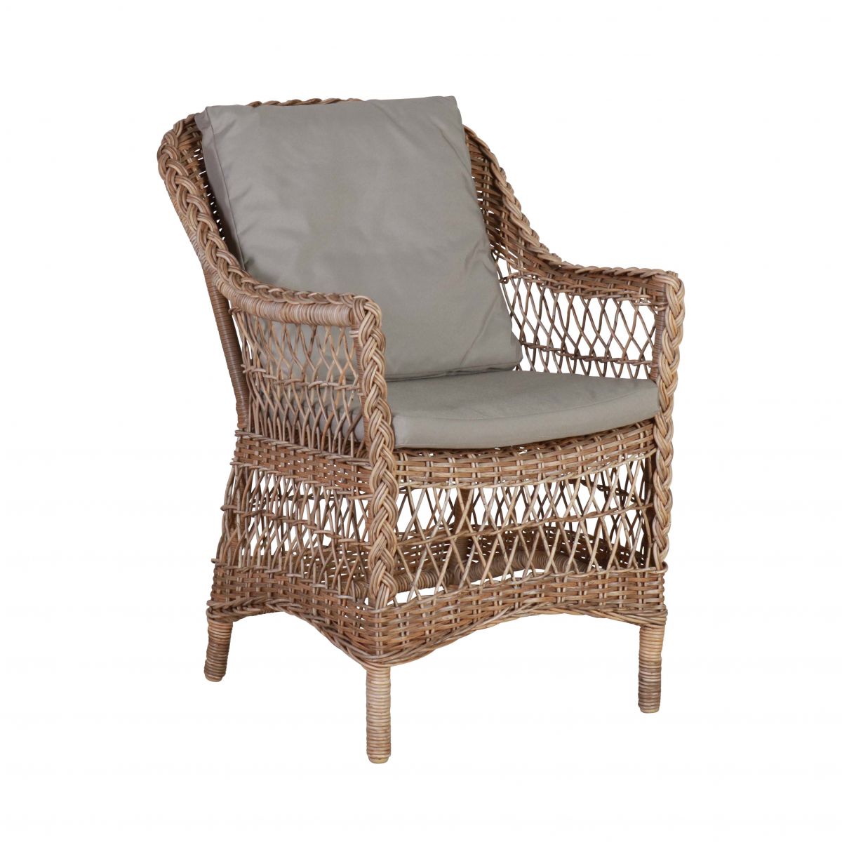 Outdoor armchair in synthetic rattan with cushions