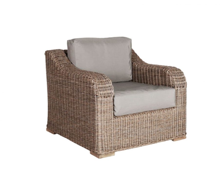 Constantia armchair in synthetic rattan and grey sunproof cushions 