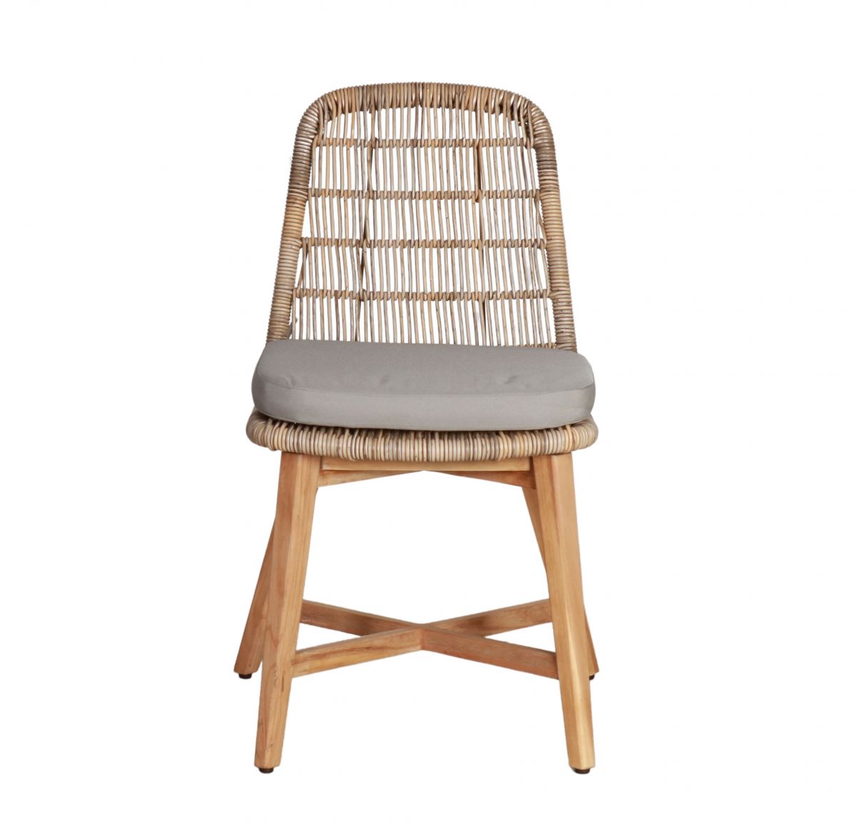 rattan and cane outdoor chair with grey cushion 