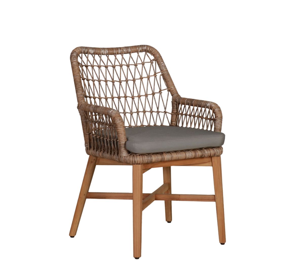 teak and synthetic rattan outdoor armchair with seat cushion