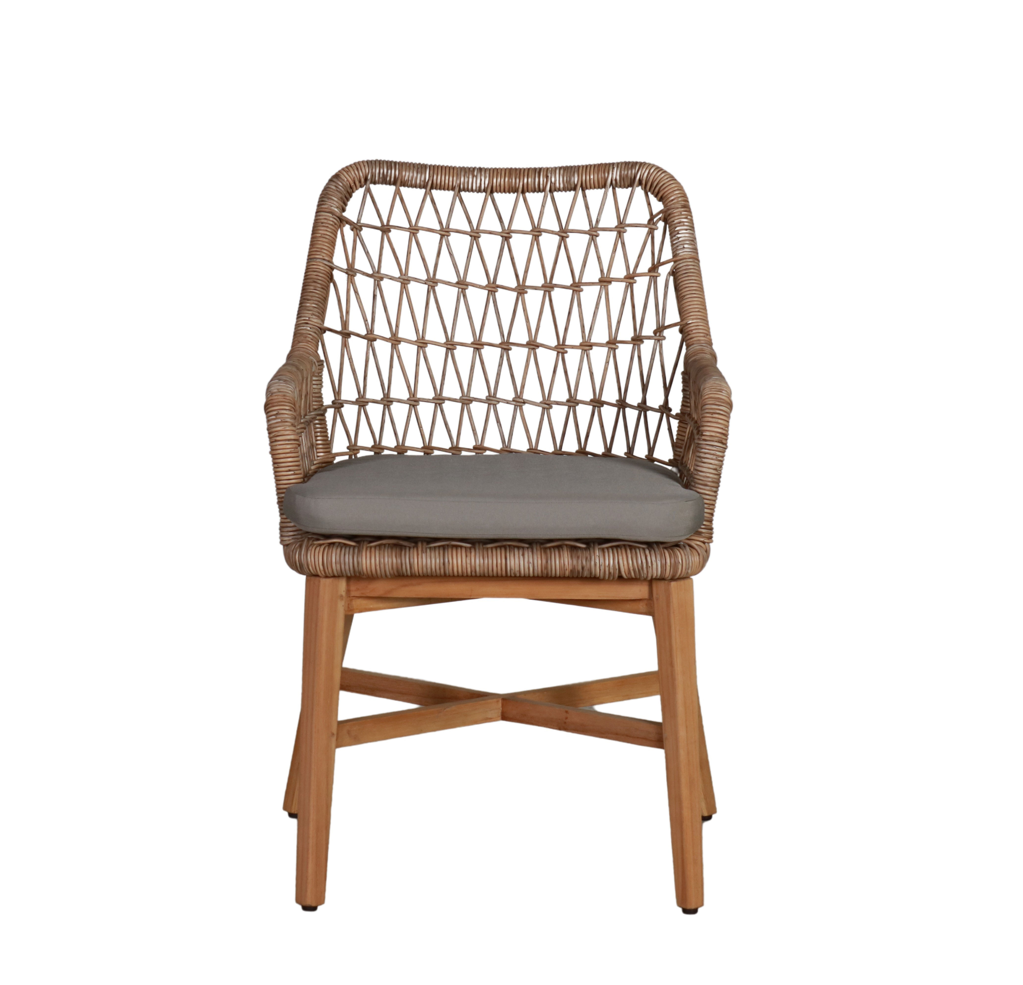 teak and synthetic rattan outdoor armchair with seat cushion