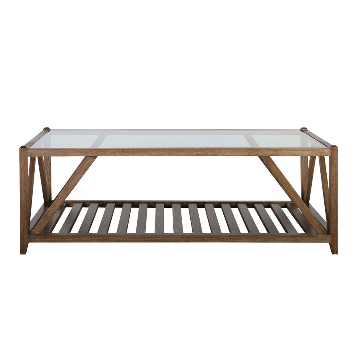 Block & Chisel rectangular solid antique weathered coffee table with a glass top