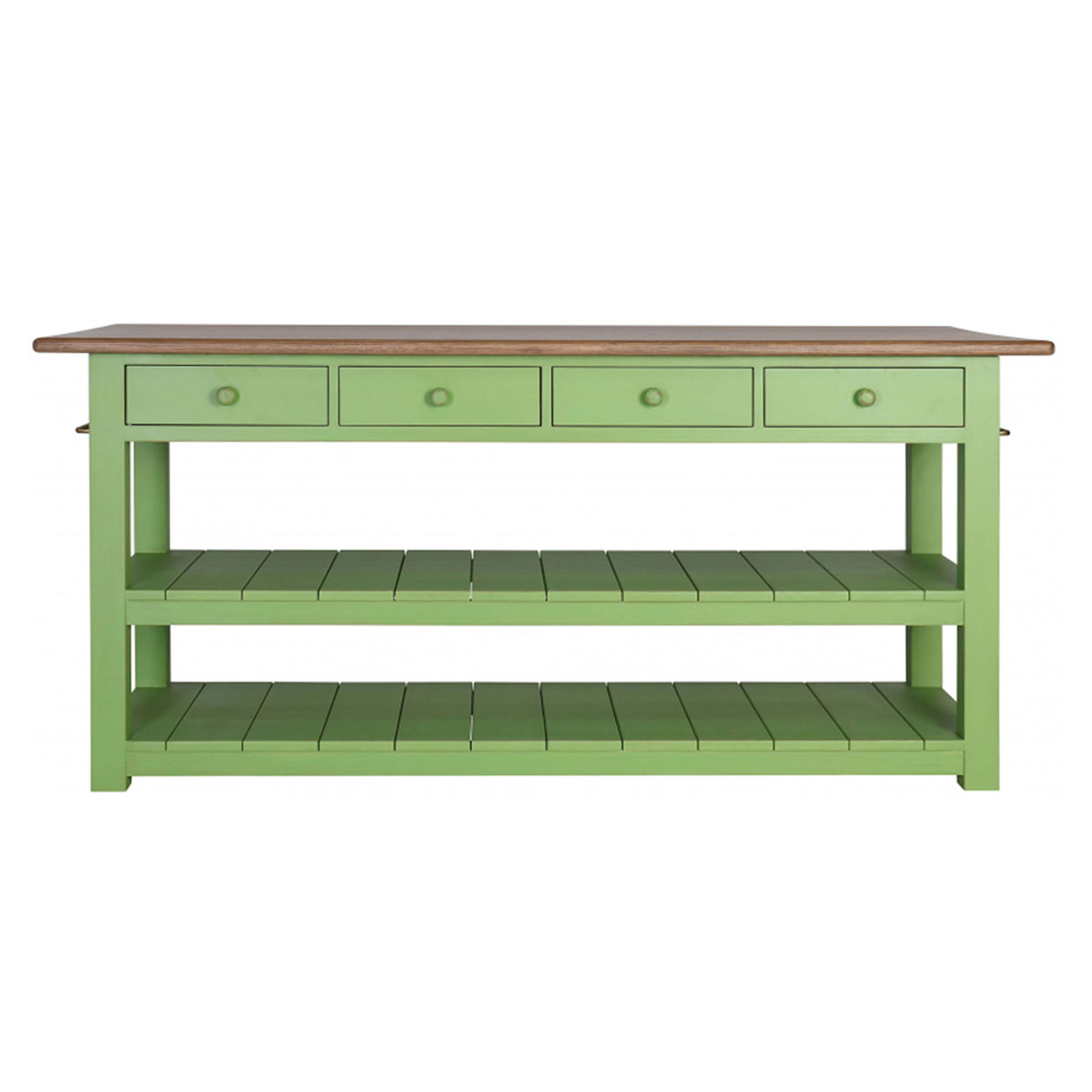 Block & Chisel kitchen island with weathered oak top and green base