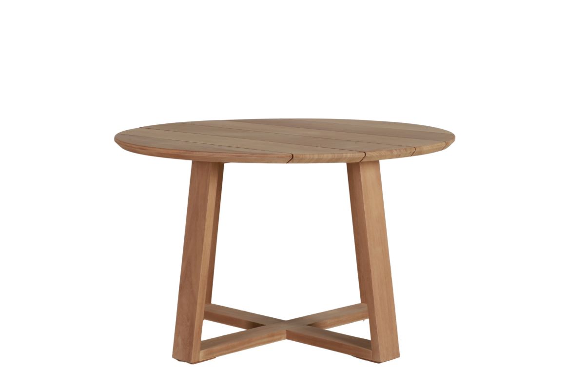 Round outdoor dining table in iroko