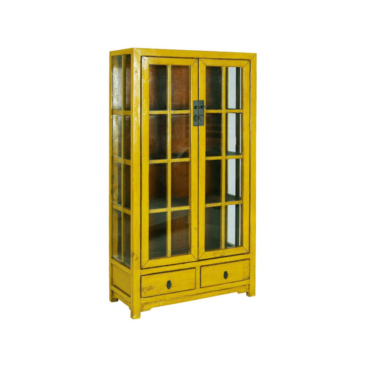 yellow lacquered chinese cabinet with glass doors