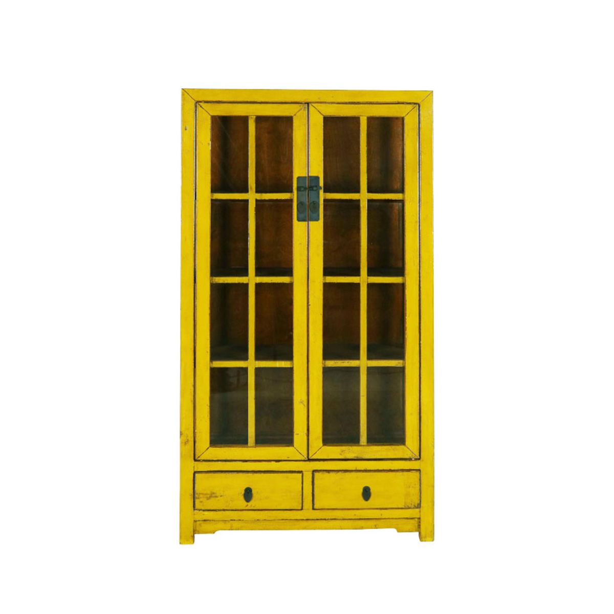 yellow lacquered chinese cabinet with glass doors