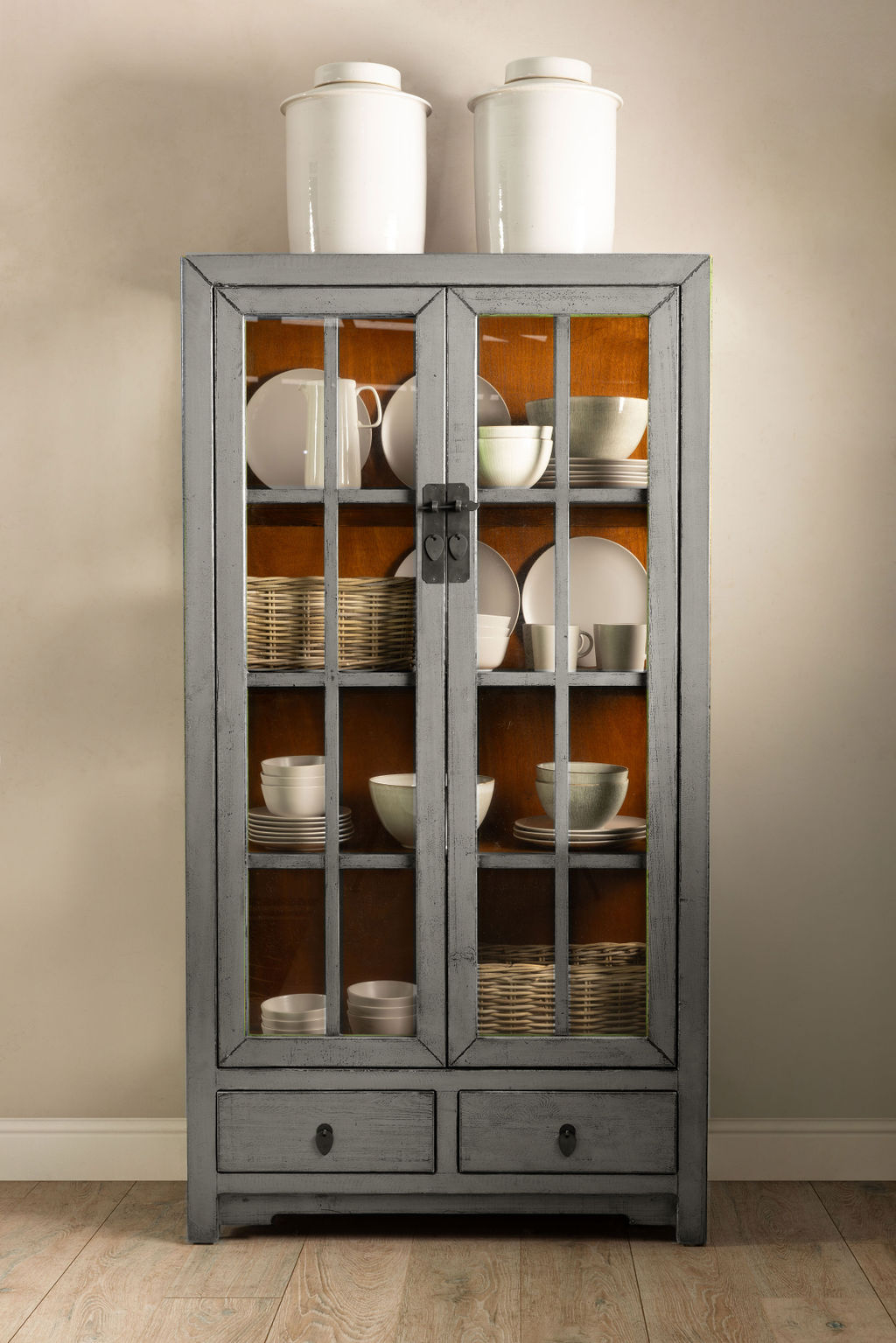 grey lacquered chinese cabinet with glass doors