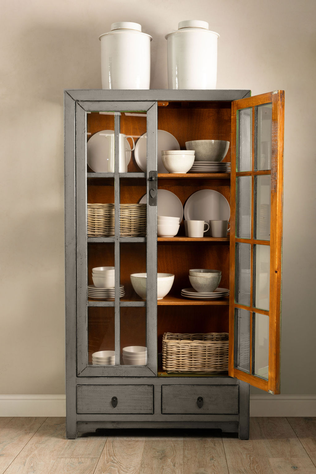 grey lacquered chinese cabinet with glass doors