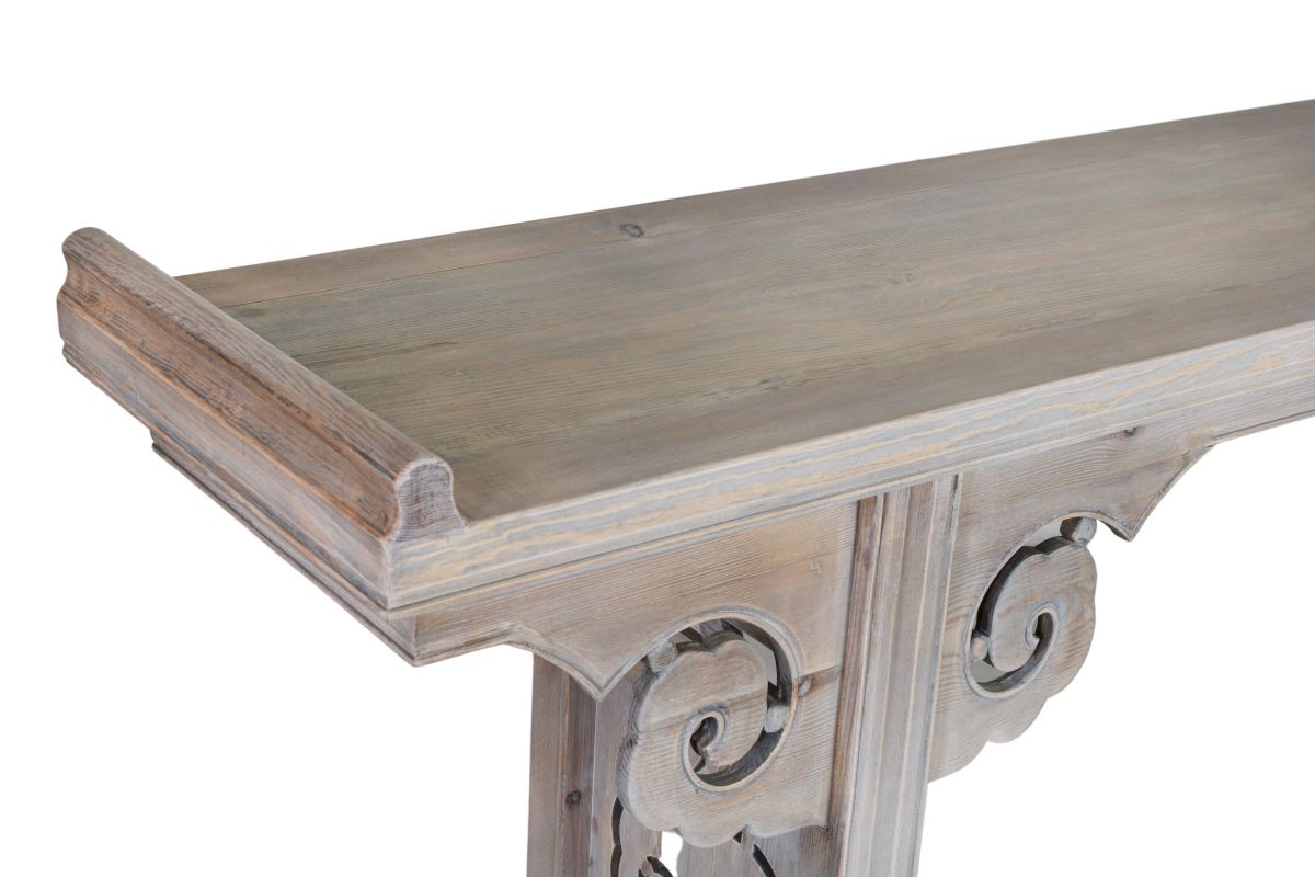 natural finish console with carving detail Indochine collection 