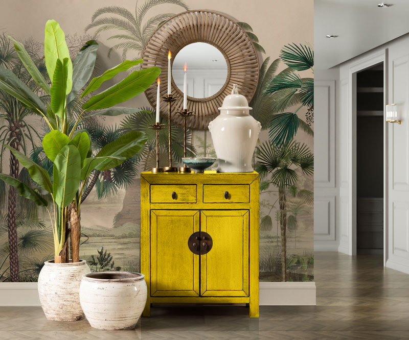 yellow lacquered chinese cabinet