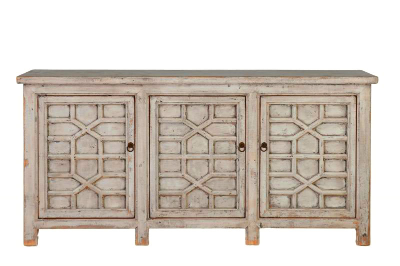 White chinese sideboard with detailed doors.