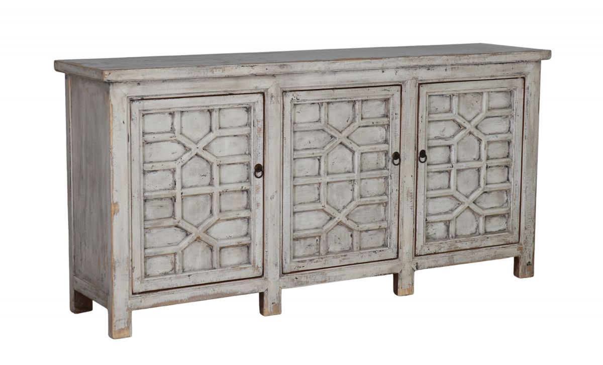 White chinese sideboard with detailed doors.