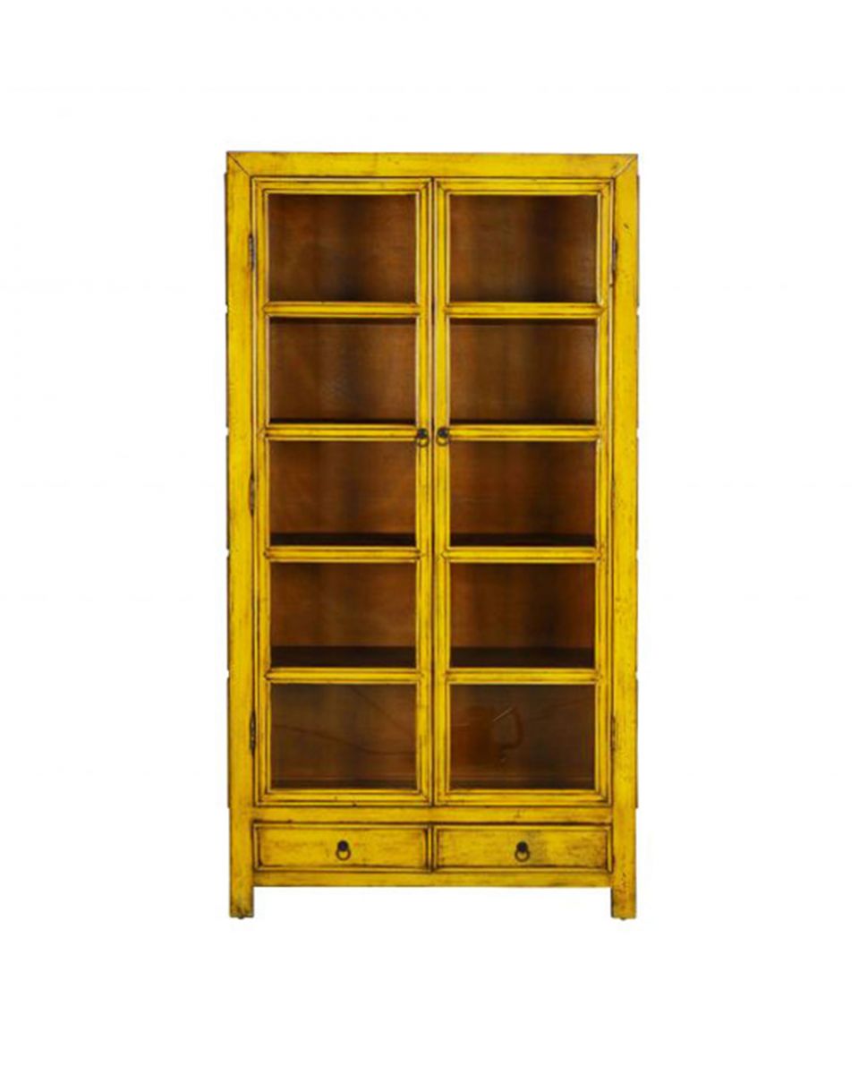 yellow lacquered display cabinet with glass doors