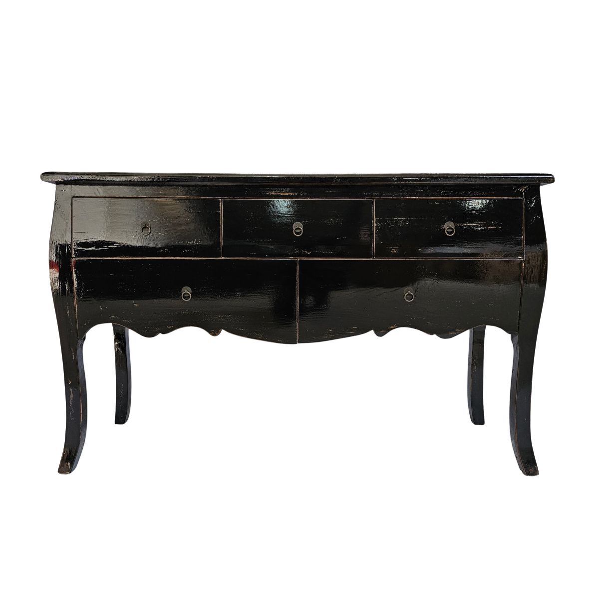 Block and chisel lacquered console table with drawers