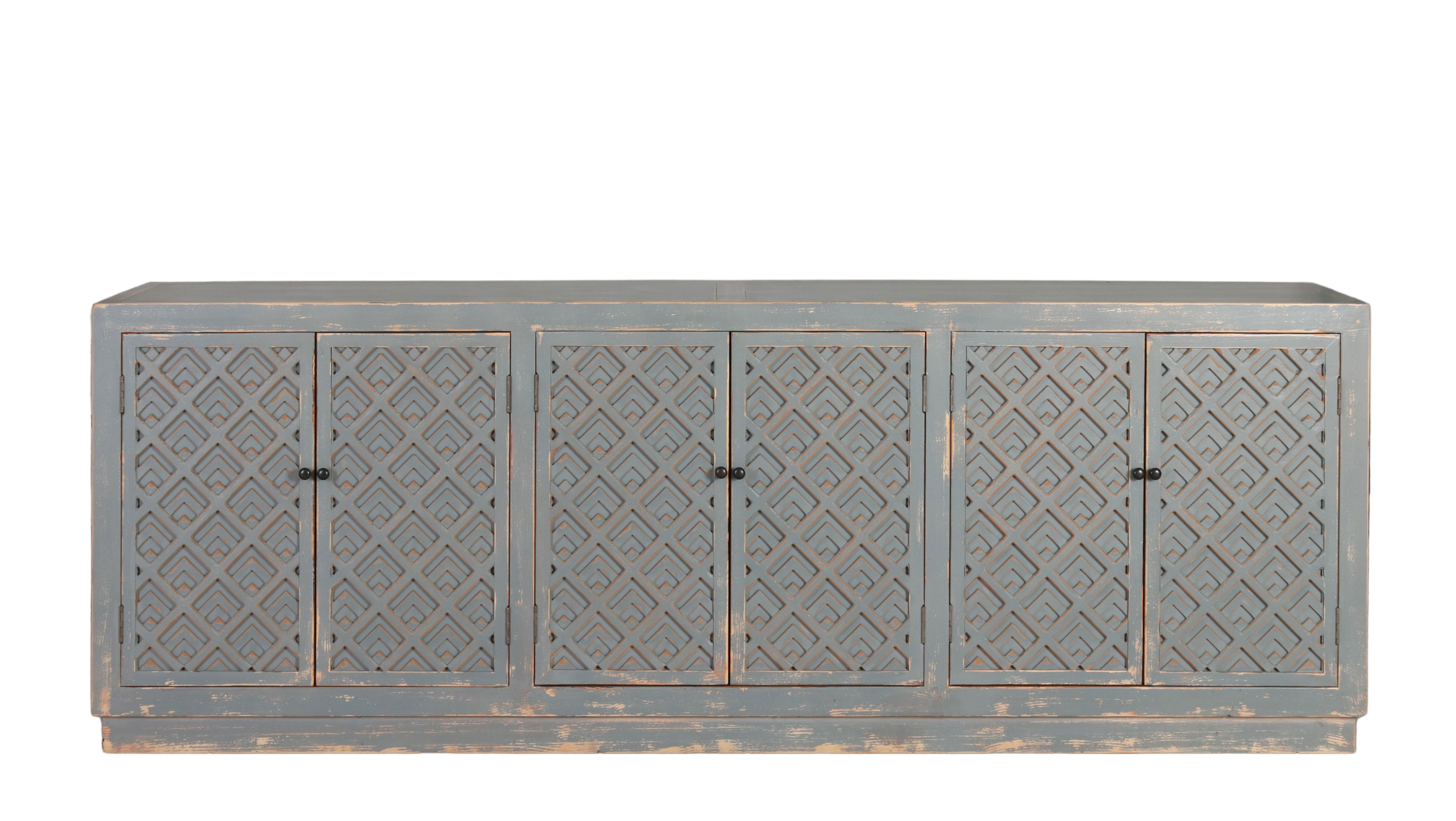 grey sideboard with carved detail on doors indochine collection 