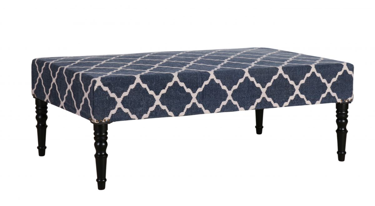 blue and white ottoman with wooden legs