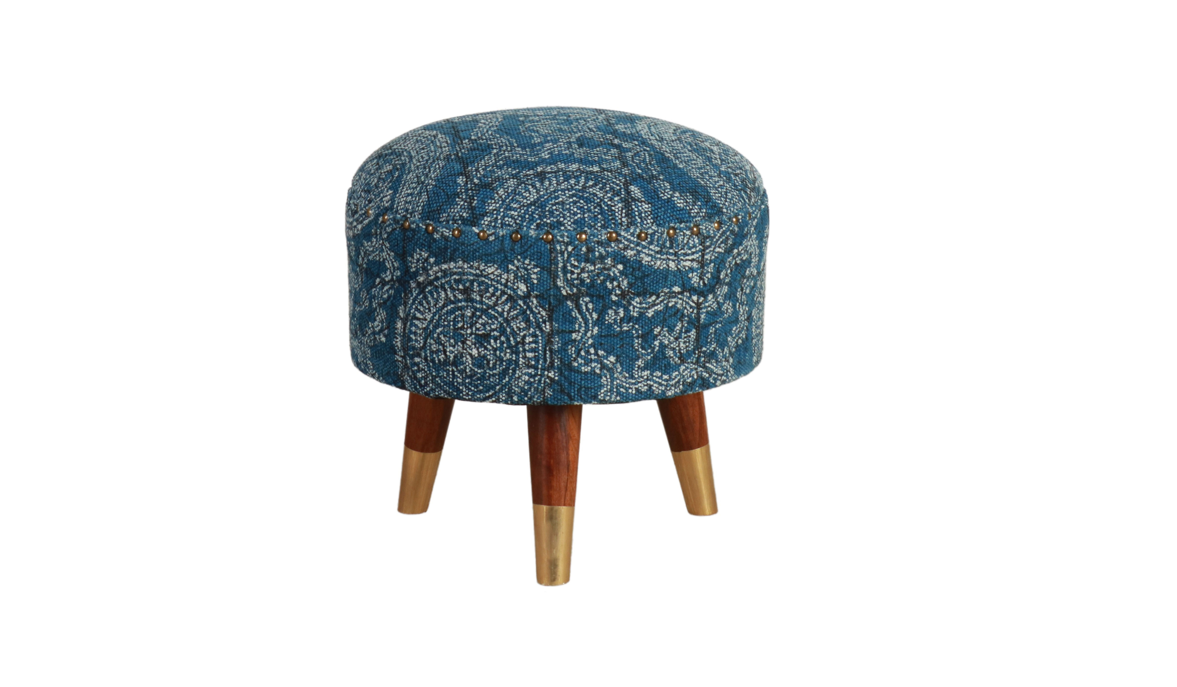 Block & Chisel round blue and white cotton upholstered stool