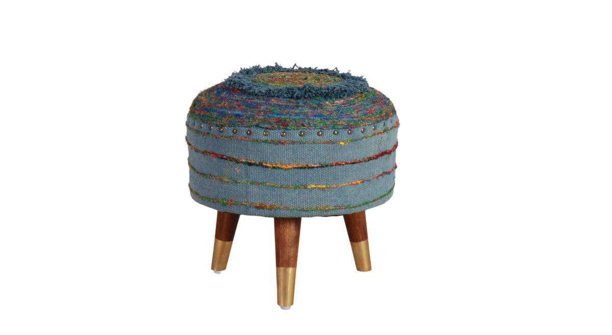 Colourful Naksha stool with wooden legs