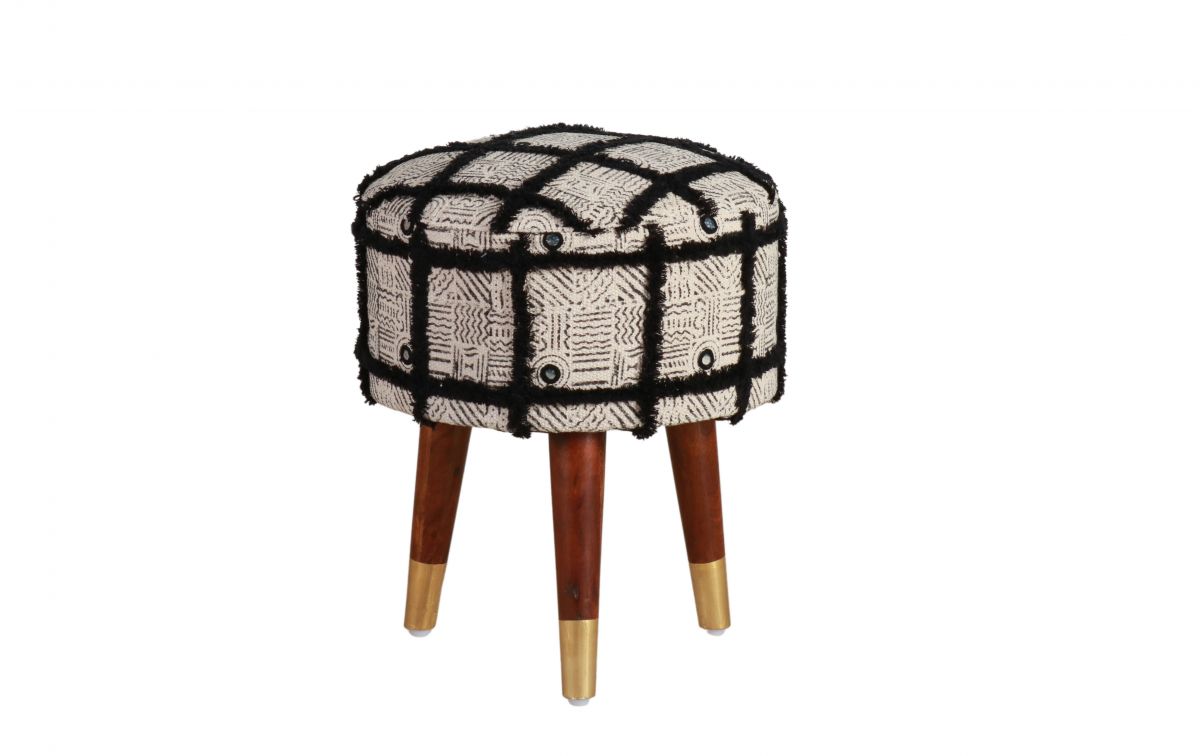 Black shaggy upholstered stool with wooden legs