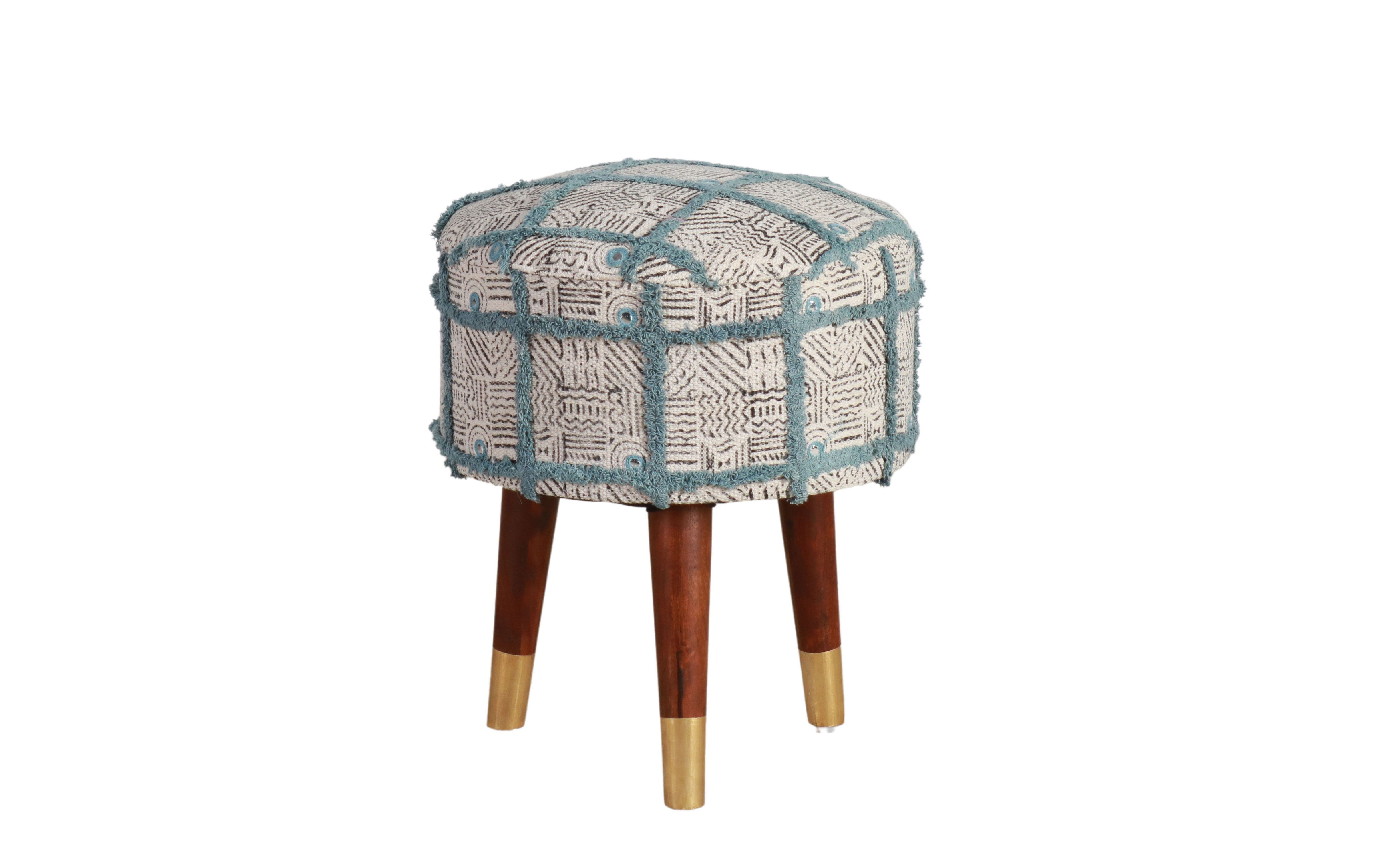 blue shaggy footstool with wooden legs