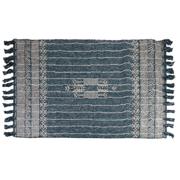 blue and grey woolen rug with tassels