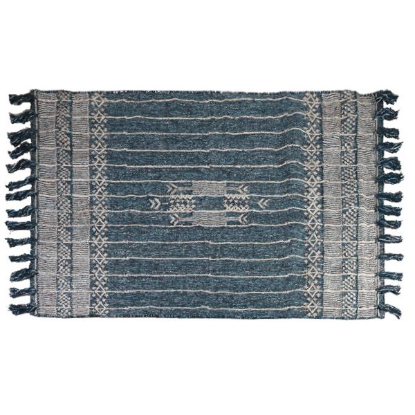 blue and grey woolen rug with tassels