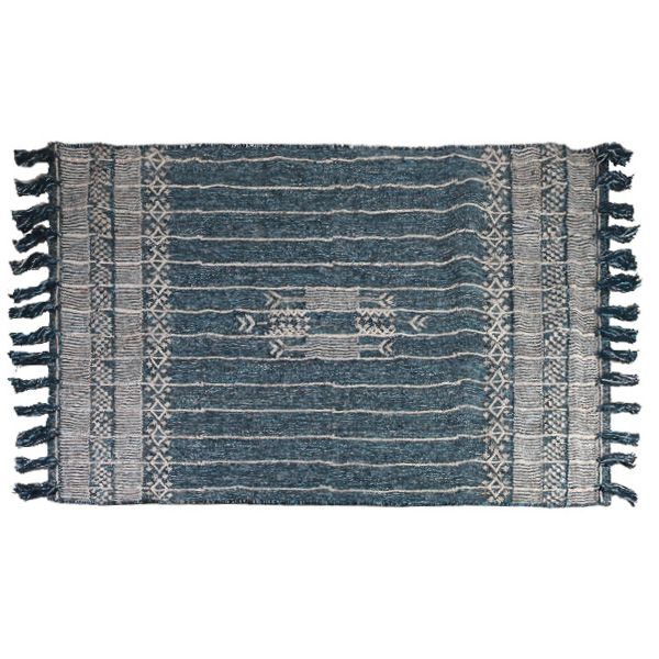 blue and grey woolen rug with tassels