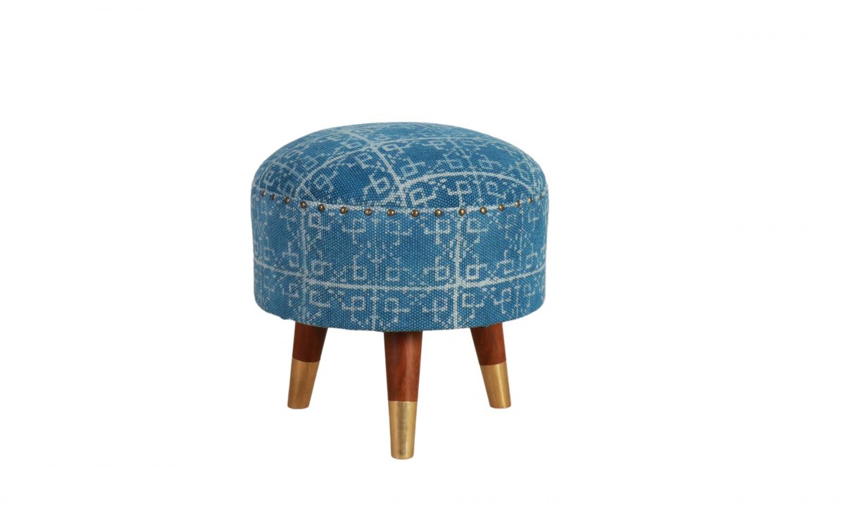 blue upholstered stool with 3 legs