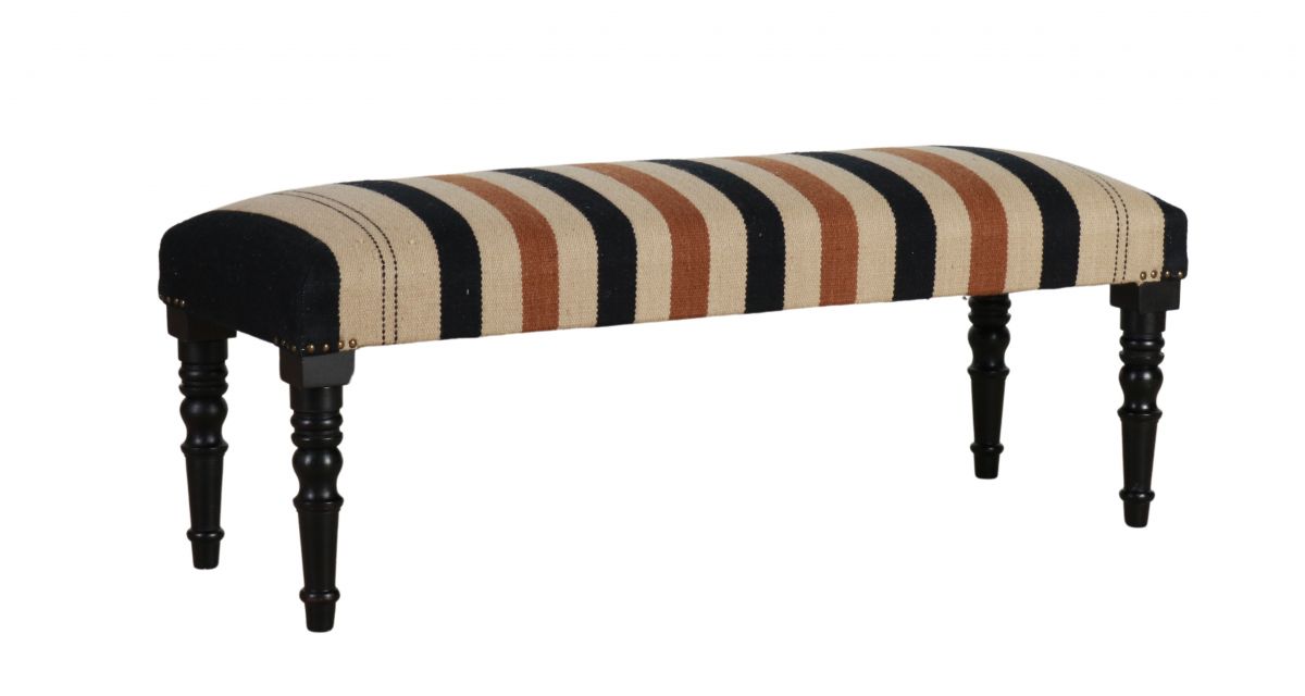 stripe upholstered ottoman with turned legs