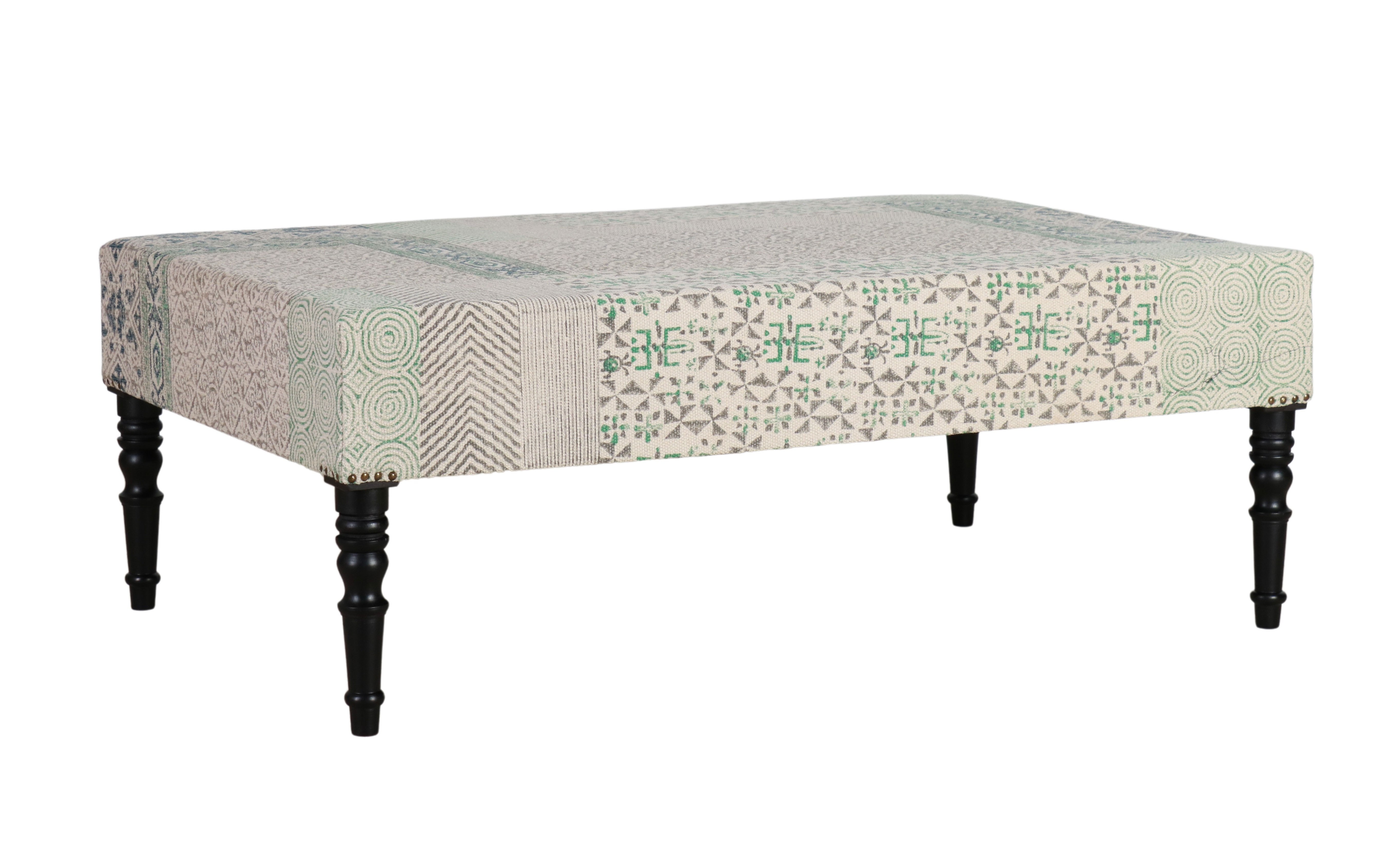 green and grey upholstered ottoman with wooden legs