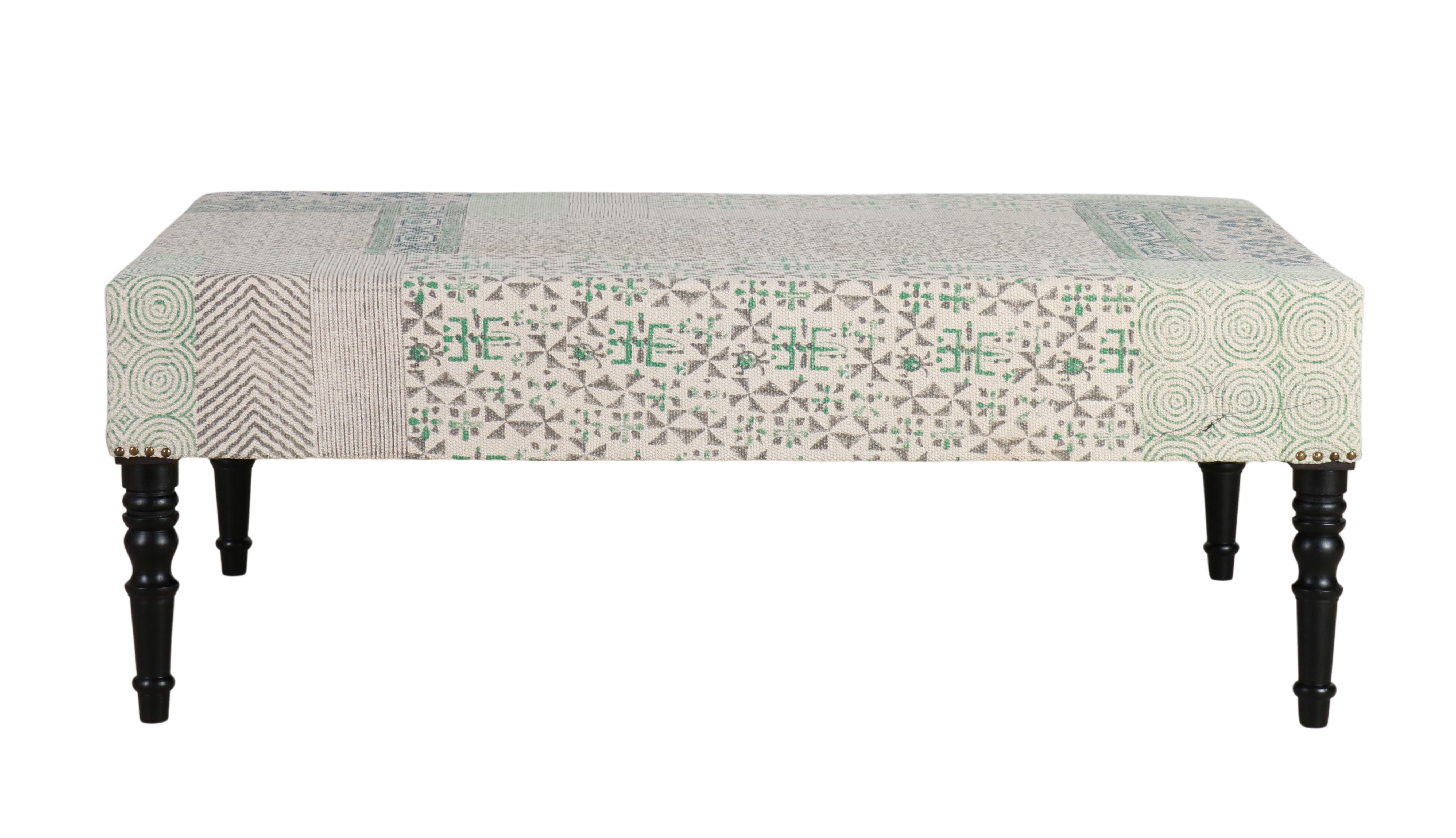 green and grey upholstered ottoman with wooden legs