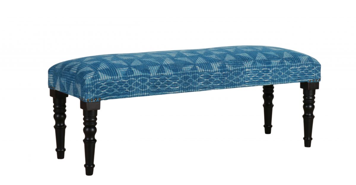 indigo upholstered bench with wooden legs