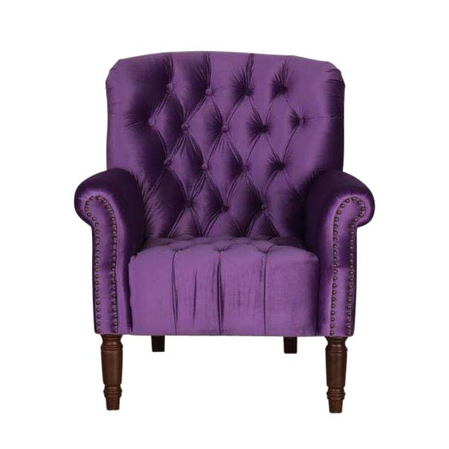 purple velvet accent with deep buttoned detail. 