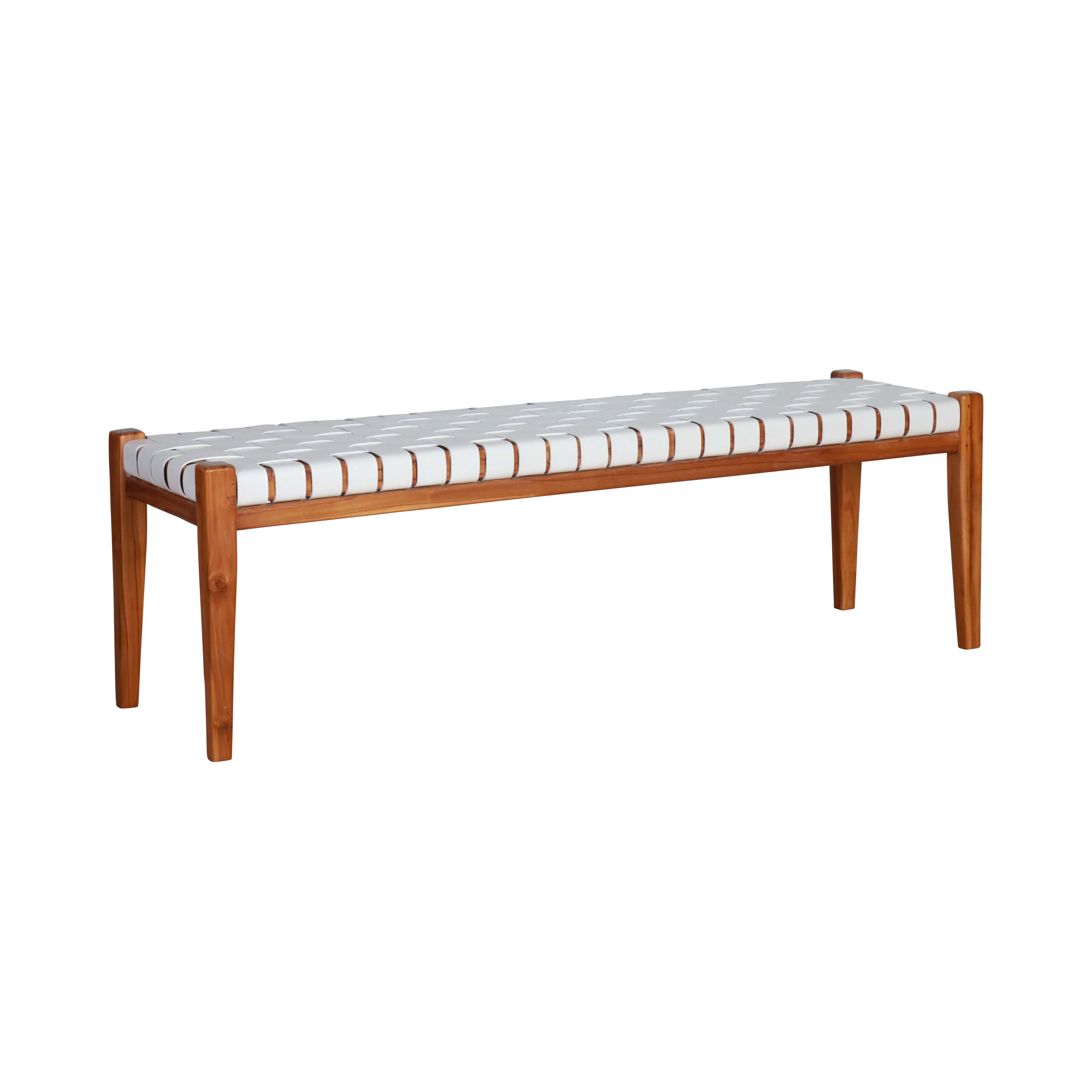 teak bench with white leather seating