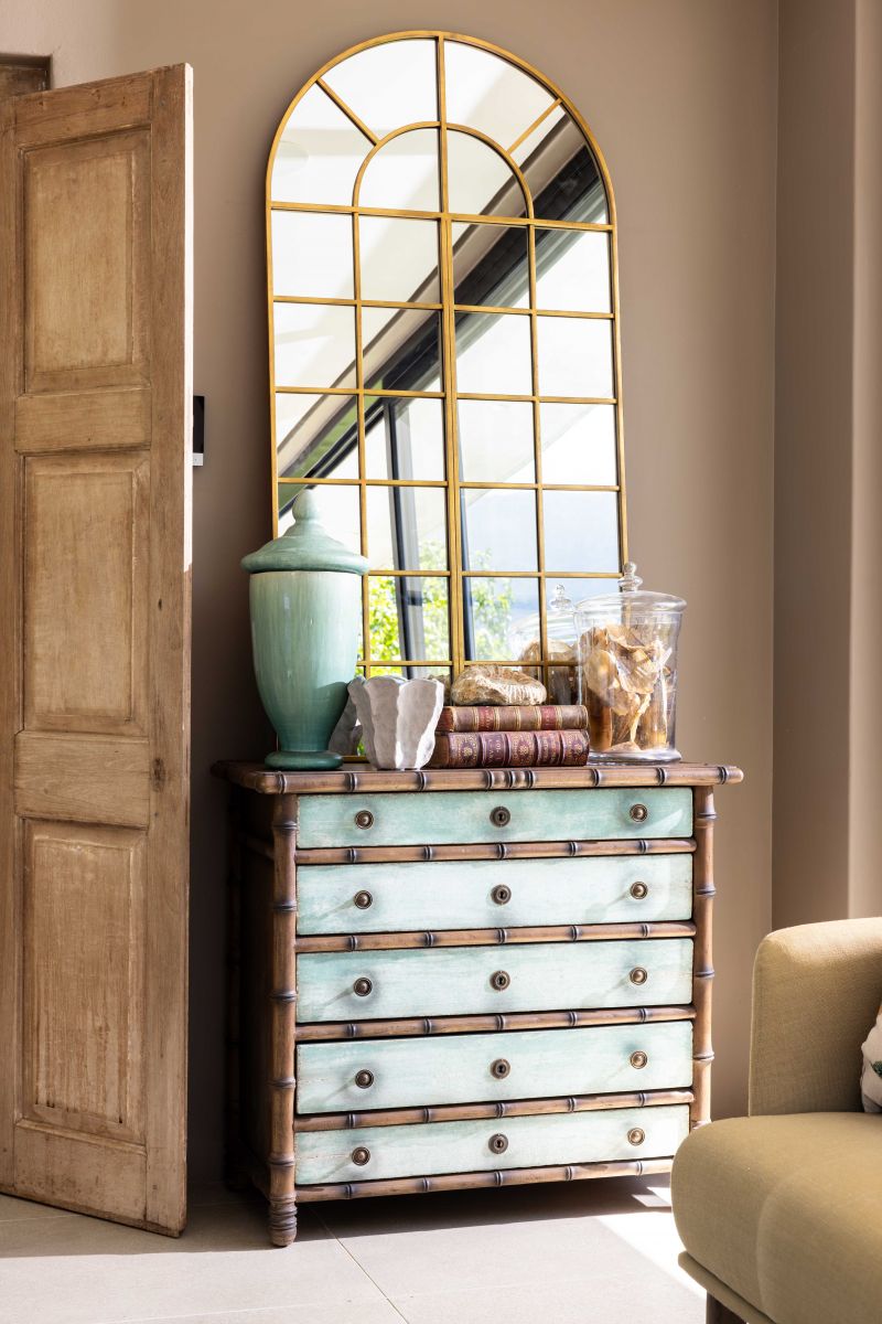 gold arched window pane mirror