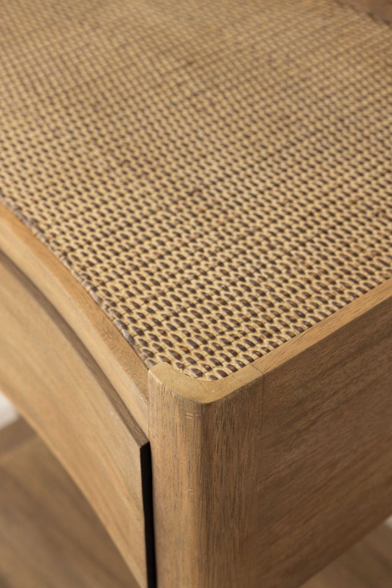 Block & Chisel wooden bedside table with wicker rattan top