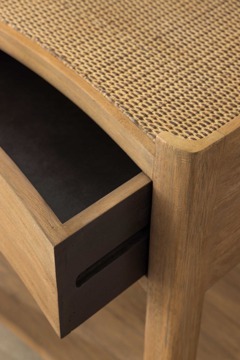 Block & Chisel wooden bedside table with wicker rattan top