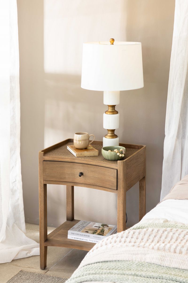 Block & Chisel wooden bedside table with wicker rattan top