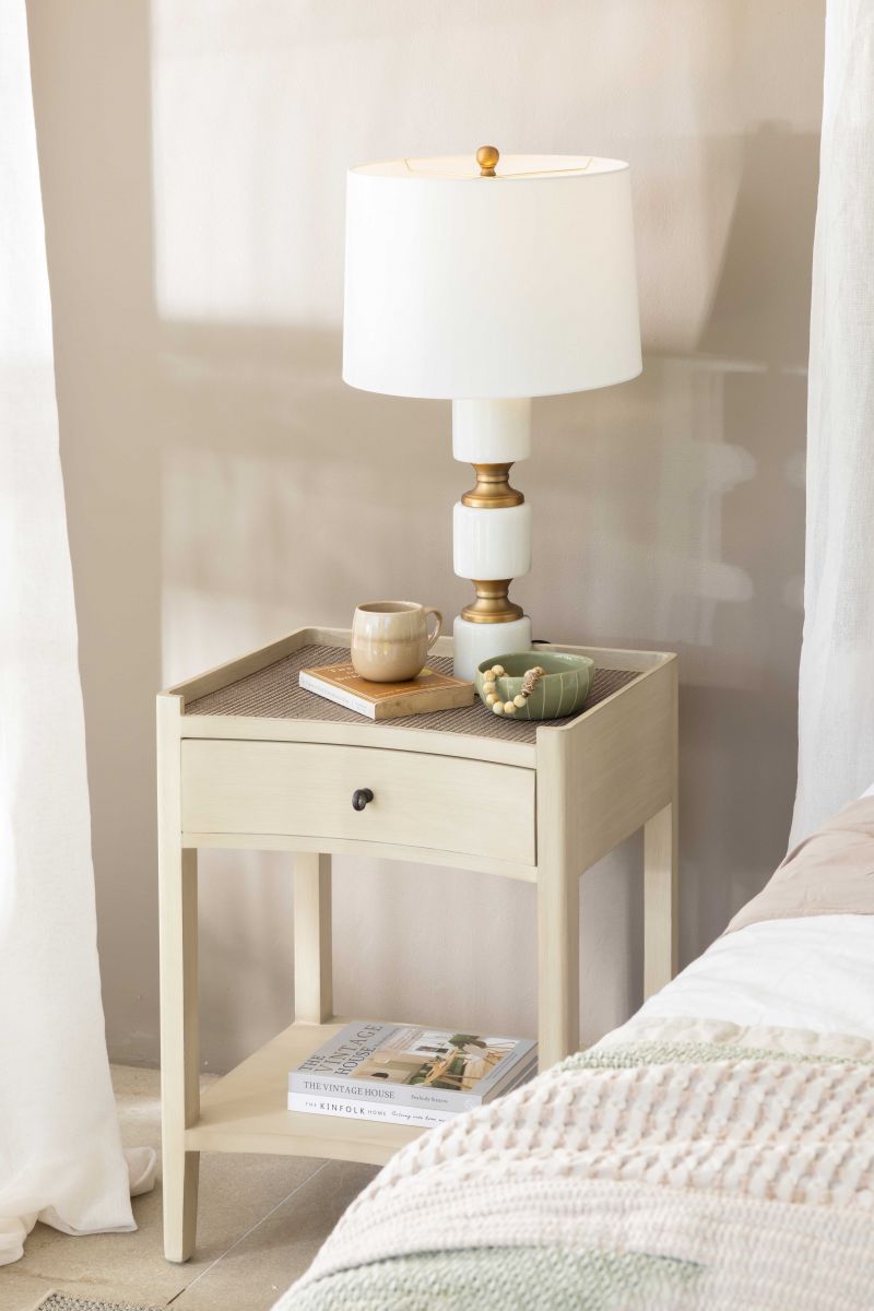 Block & Chisel wooden bedside table with wicker rattan top