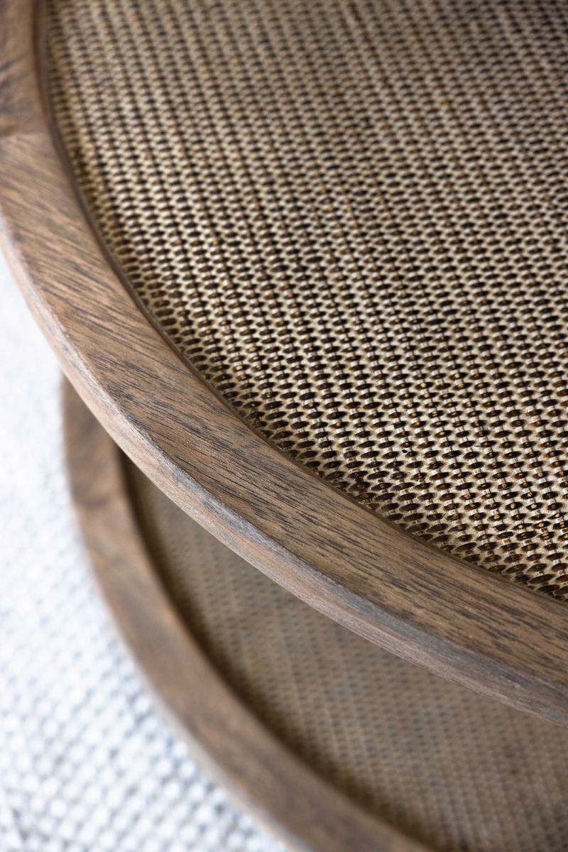 round wooden coffee table with rattan inlay