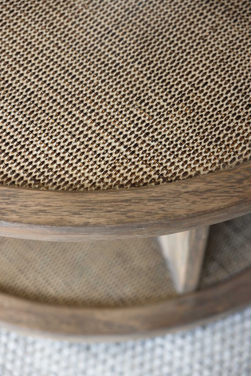round wooden coffee table with rattan inlay