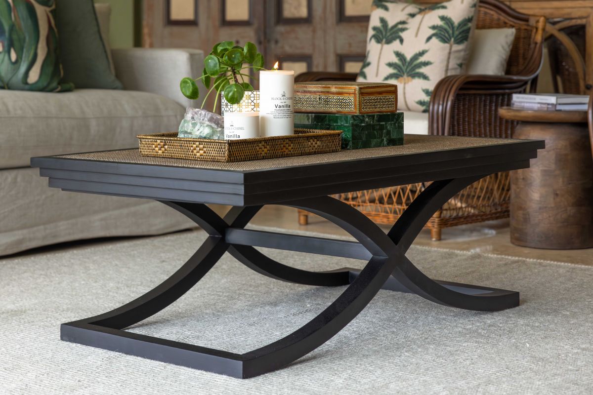 Cross leg coffee table with rattan inlay top