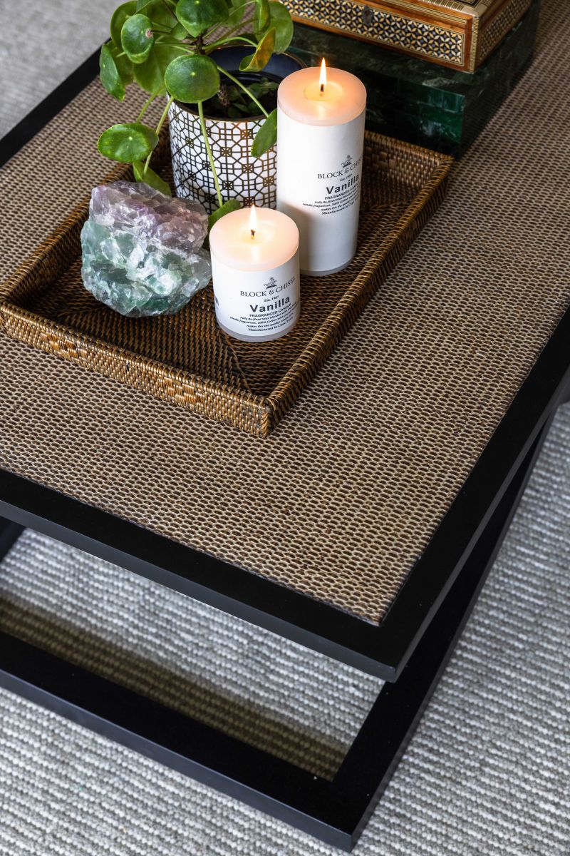 Cross leg coffee table with rattan inlay top