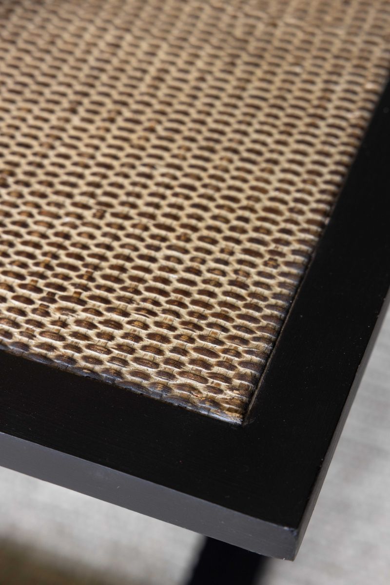Cross leg coffee table with rattan inlay top