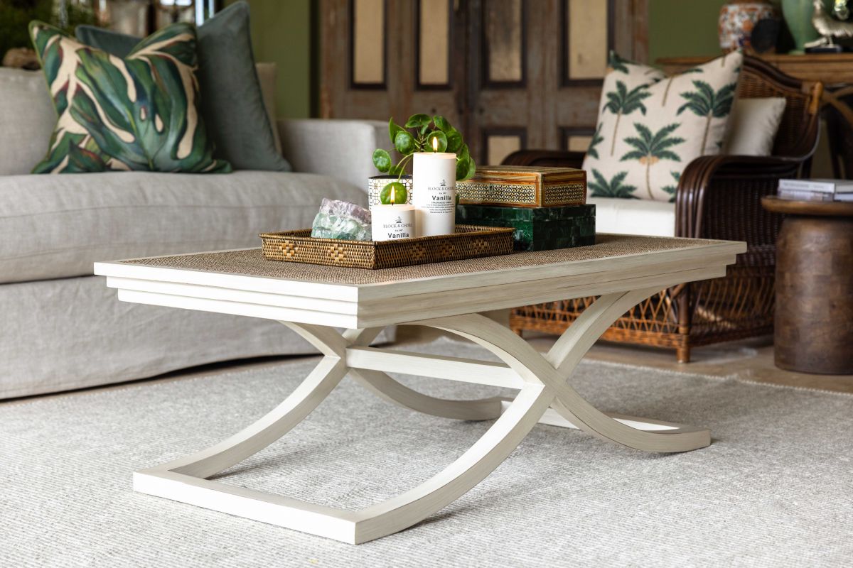 Cross leg coffee table with rattan inlay top
